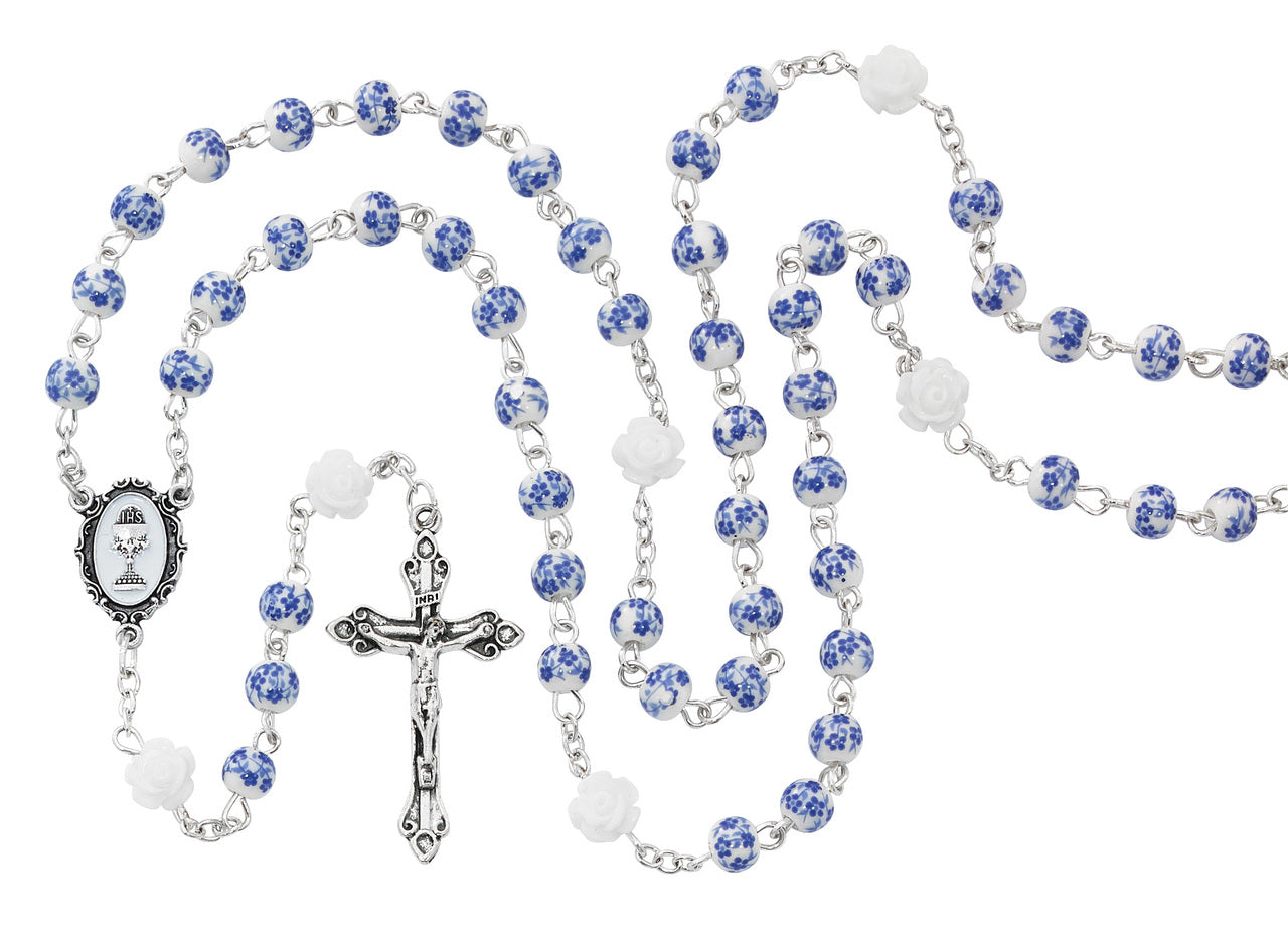 White & Blue Rose Ceramic First Communion Rosary