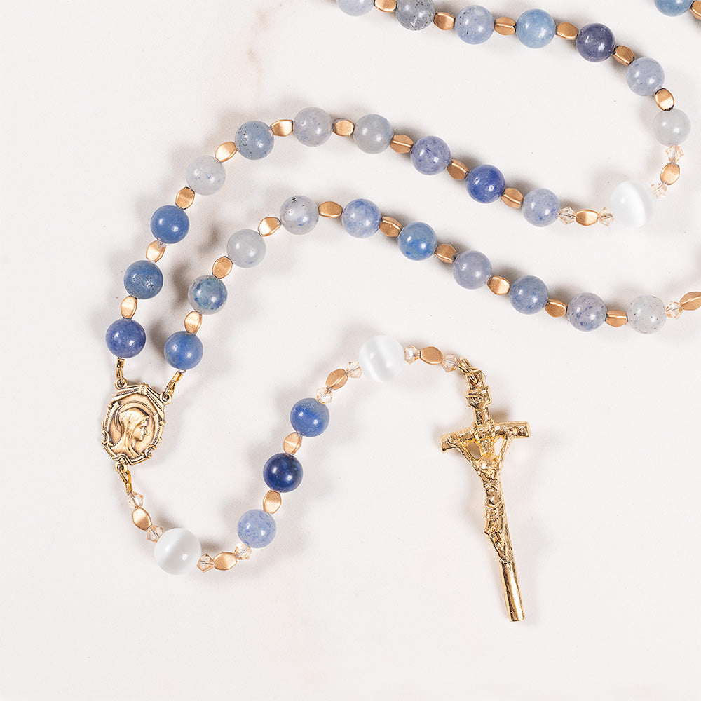 Blue Aventurine & White Cats Eye Mary Mother of God Rosary
