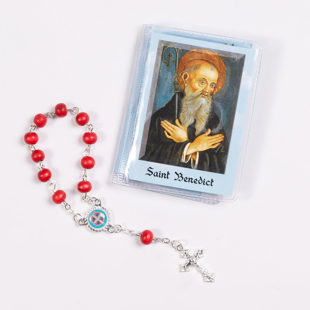 St. Benedict One Decade Wood Rosary in Plastic Holder with Prayer Leaflet