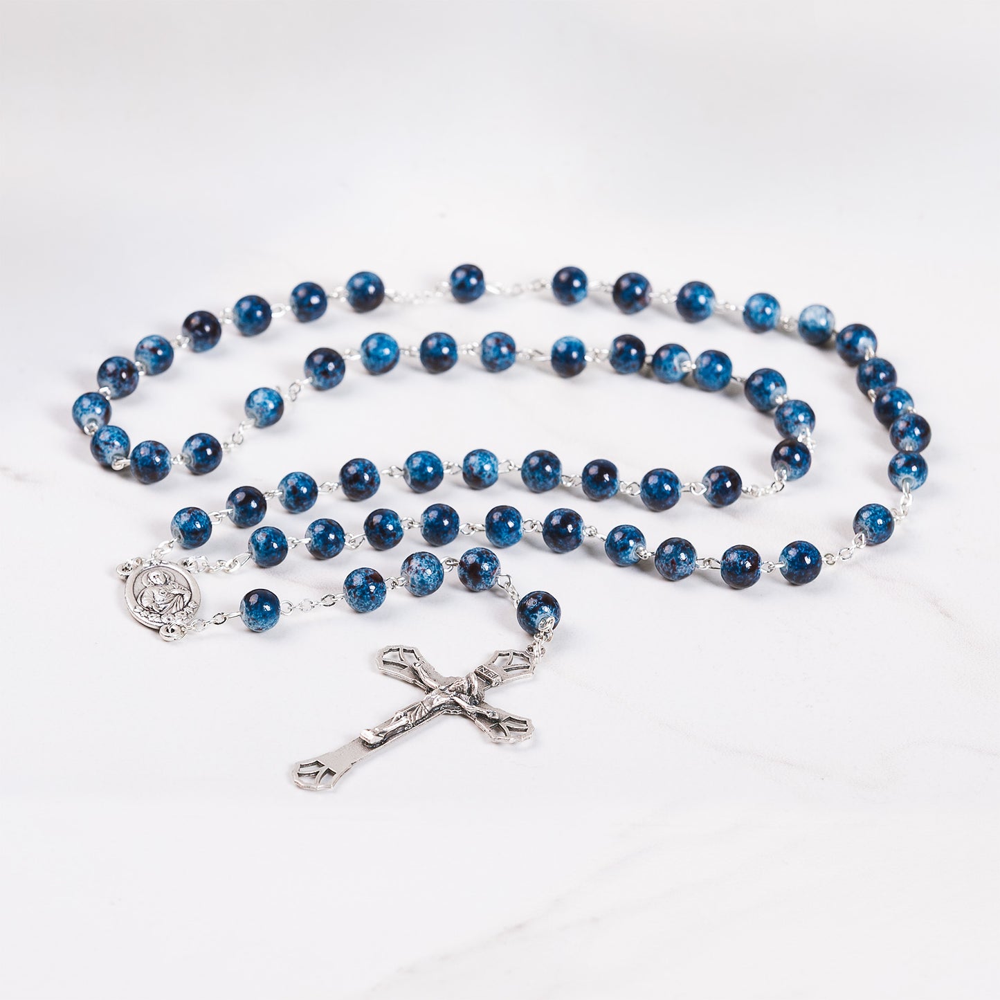 Mother & Child Blue Marbled Glass Rosary β Silver Finish