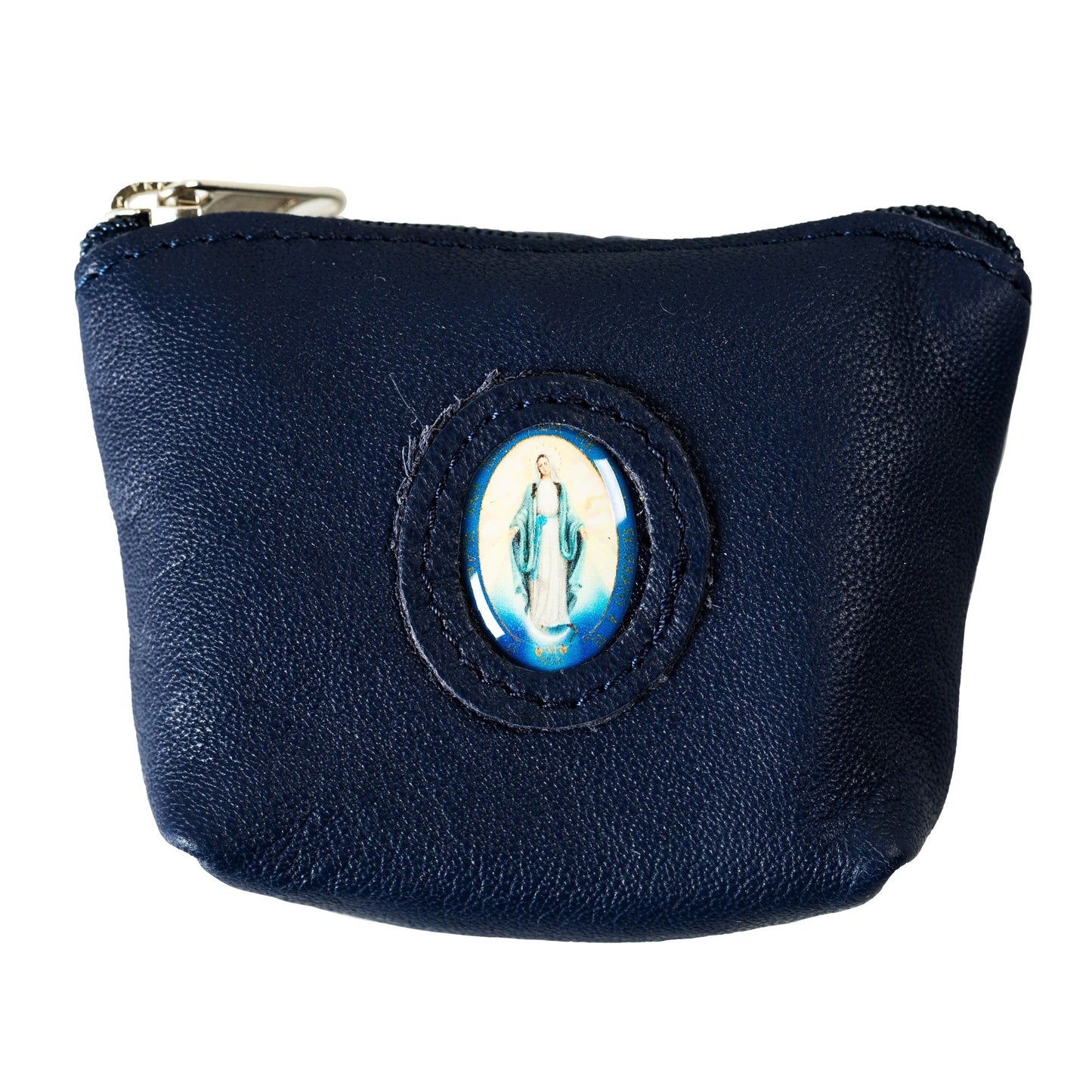 Our Lady of Grace Blue Leather Zipper Rosary Purse