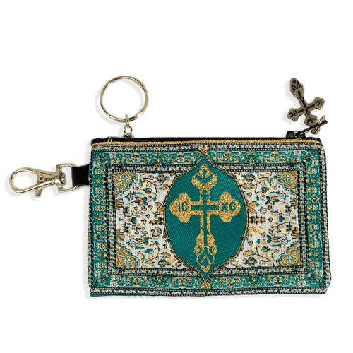 Royal Green Byzantine Cross Rosary Pouch with Keyring