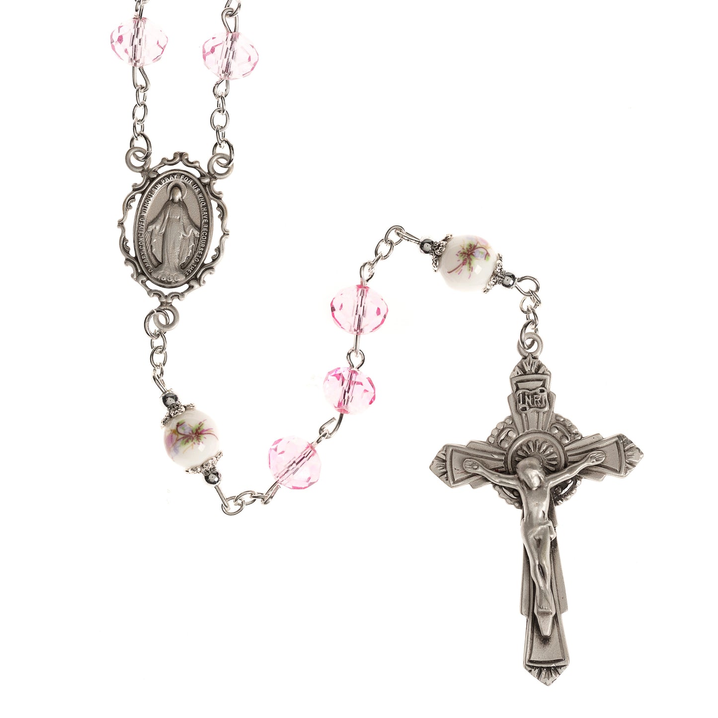 Pink Crystal Sterling Silver Miraculous Medal Rosary