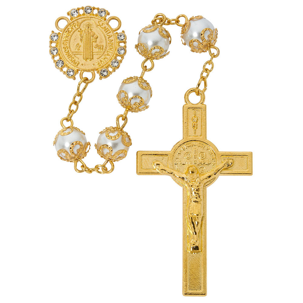 Capped Gold Pearl & Rhinestone St. Benedict Rosary