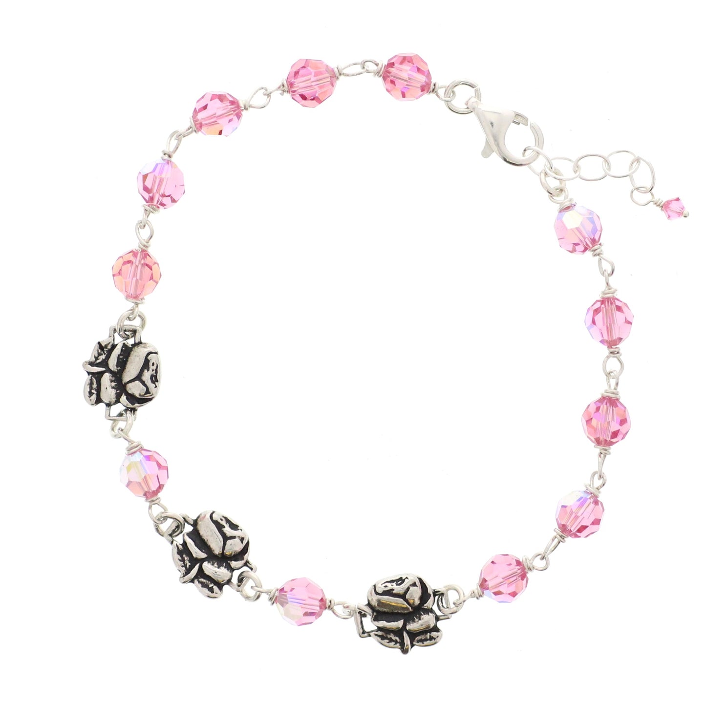 Sterling Silver Pink Swarovski Rosary Bracelet with Roses