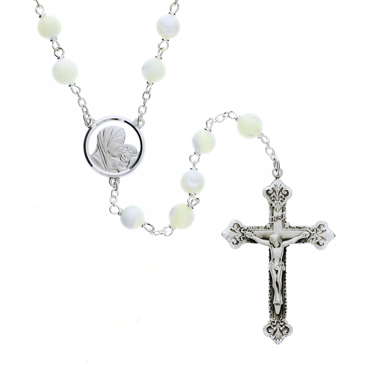 Sterling Silver Mother of Pearl Rosary - 8mm
