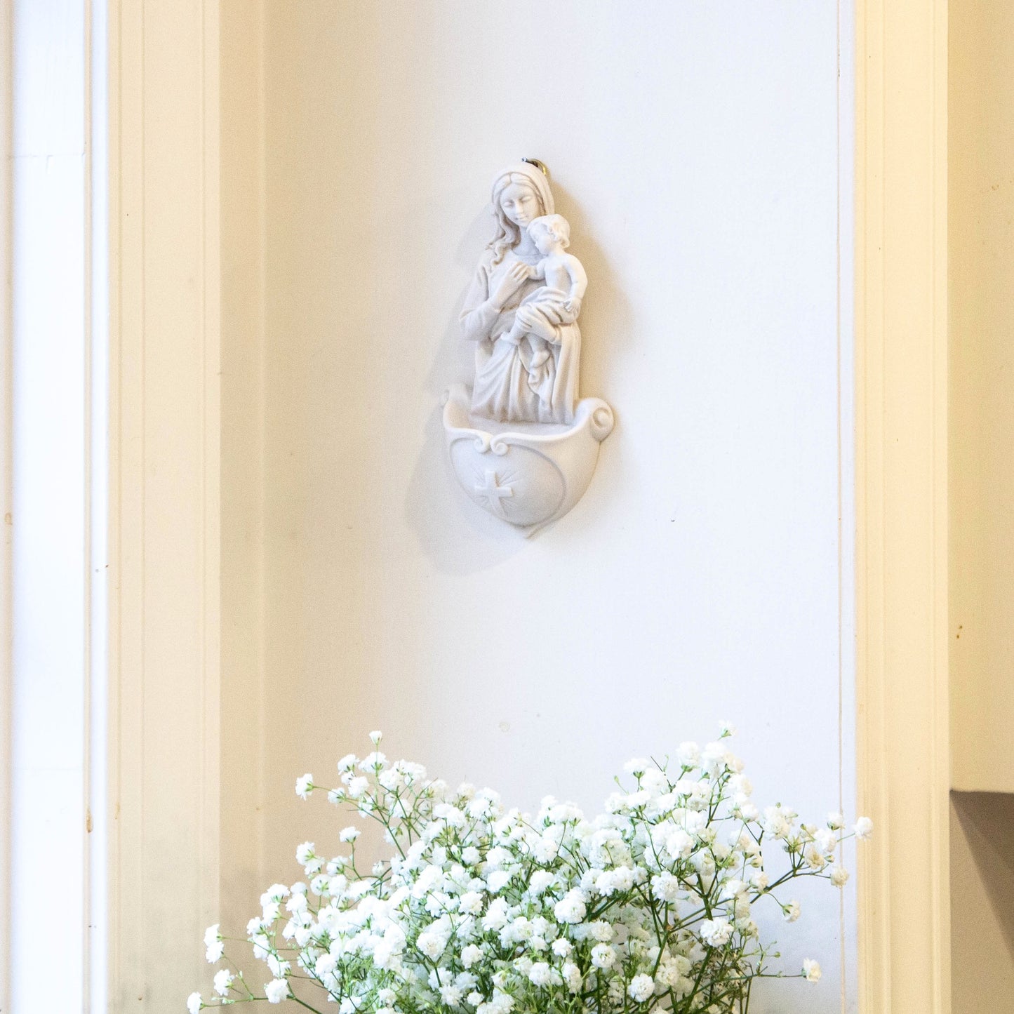 Antique White Mother & Child Holy Water Font