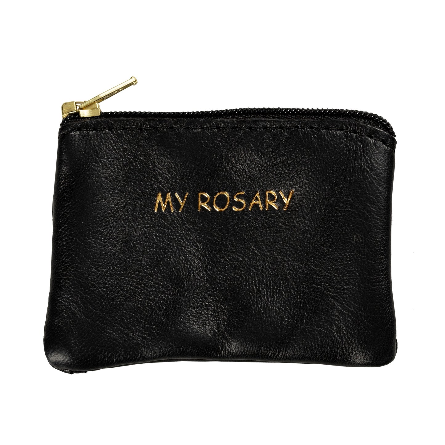 Black Leather Rosary Pouch with Gold Lettering & Zipper