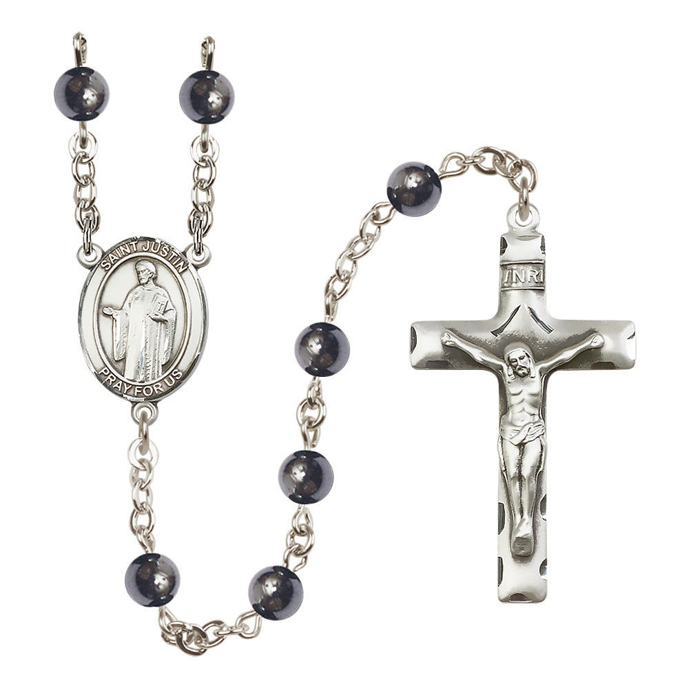 Silver Plated St. Justin Hematite Rosary