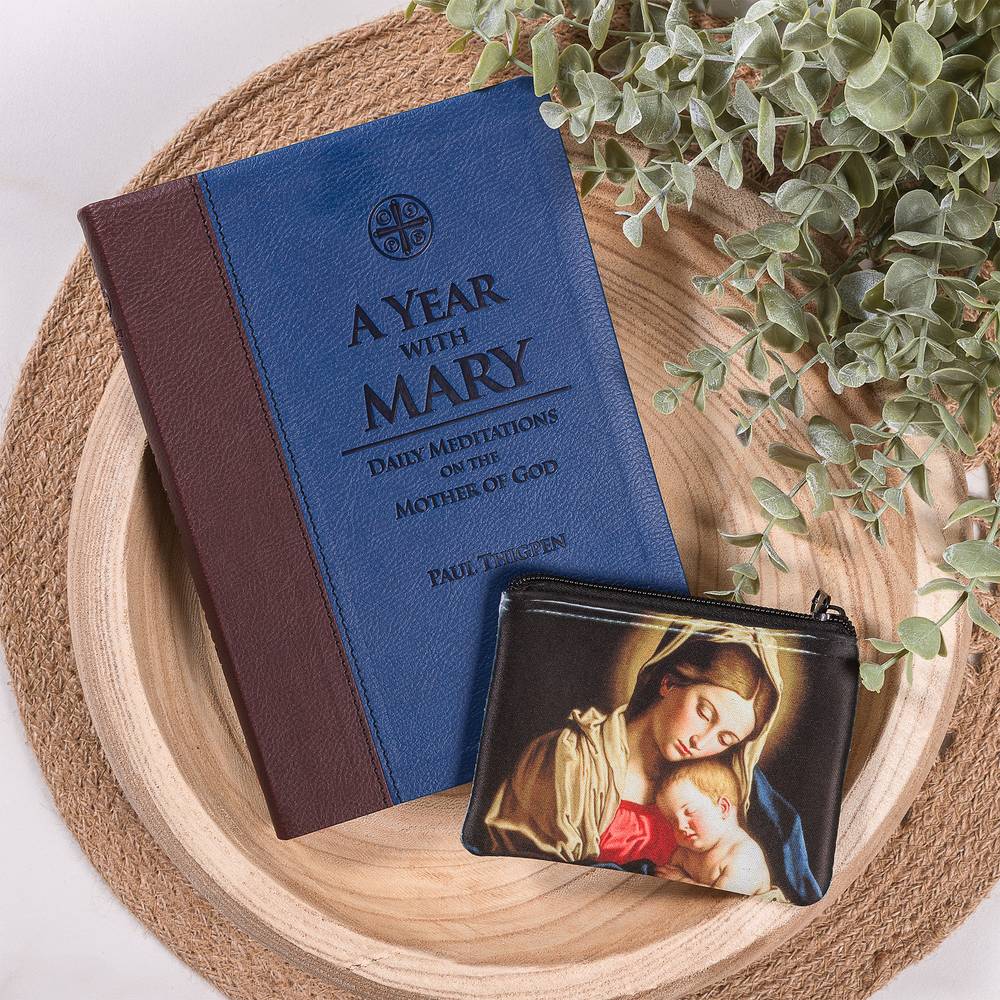 A Year with Mary Devotional & Madonna & Child Rosary Pouch Gift Set