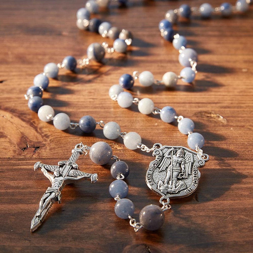 Blue Stone St. Michael Rosary with Sword Crucifix – Rosary.com