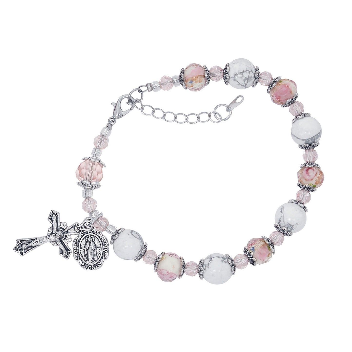 Howlite & Pink Floral Rosary Bracelet