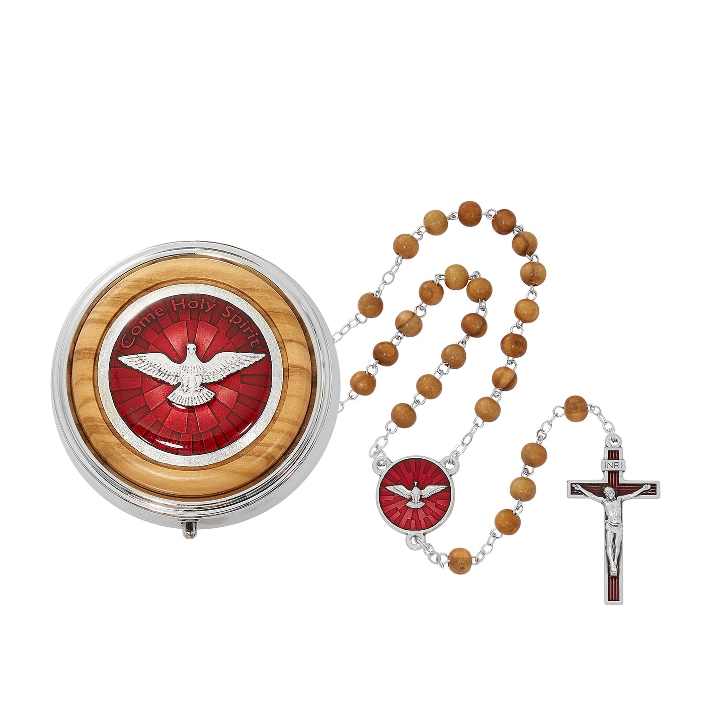 Olive Wood & Red Enameled Holy Spirit Rosary and Rosary Box Gift Set