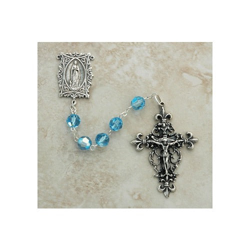 Our Lady of Lourdes Sterling Silver Swarovski Aqua Rosary