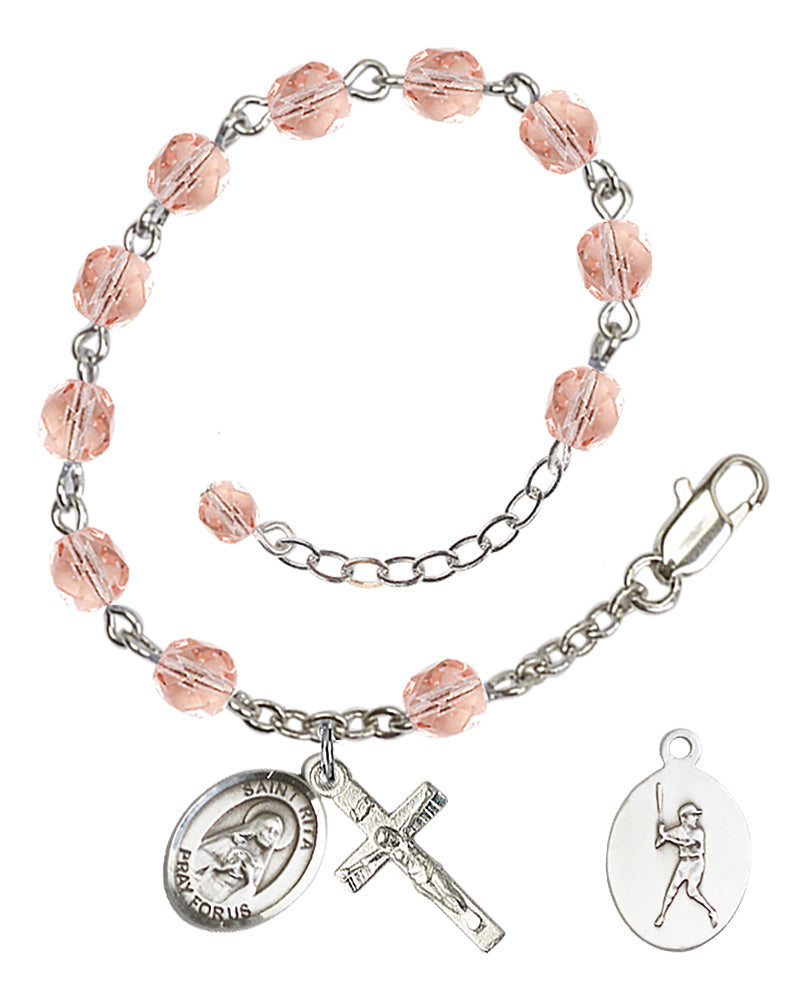 St. Rita / Baseball Pink October Rosary Bracelet 6mm