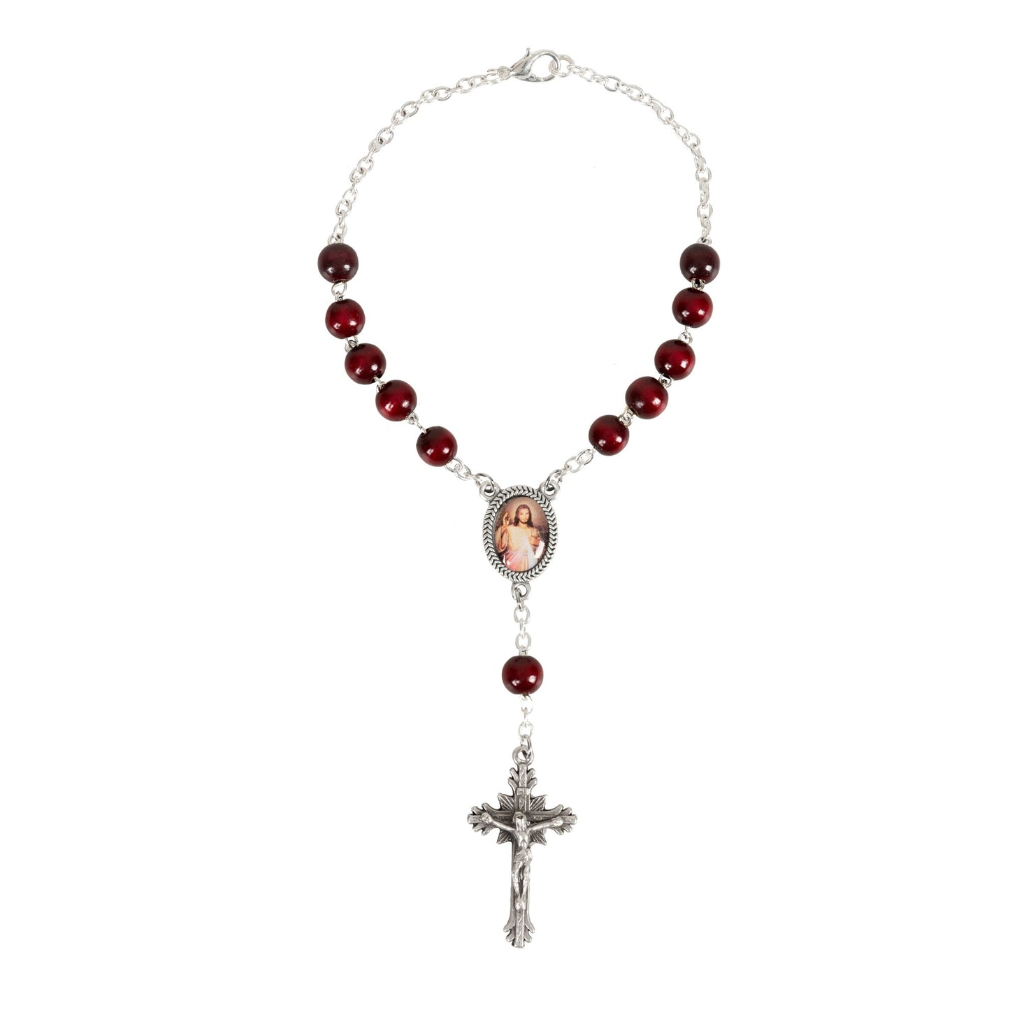 Divine Mercy Red Wood Auto Rosary