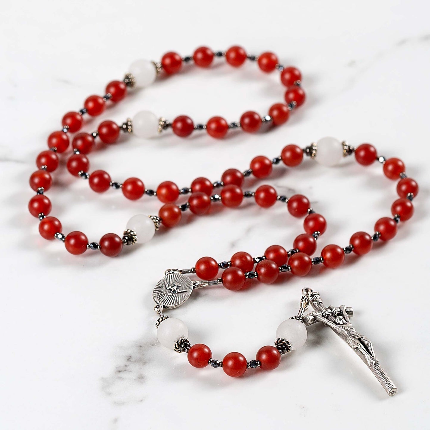 Pope Leo XIV Red Carnelian & White Jade Holy Spirit Rosary