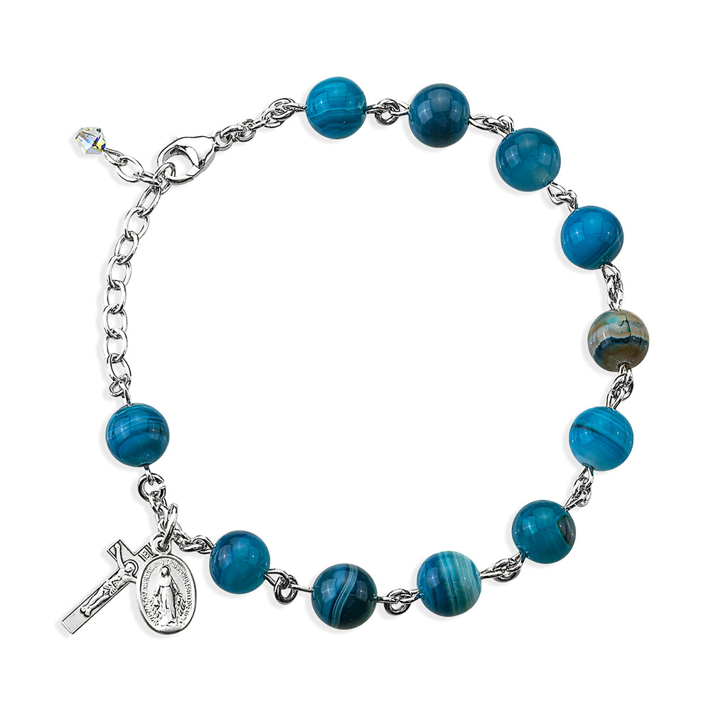 Sterling Silver Blue Striped Agate Rosary Bracelet