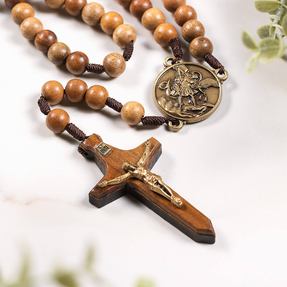 Wood & Brown Cord St. Michael Rosary with Sword Crucifix