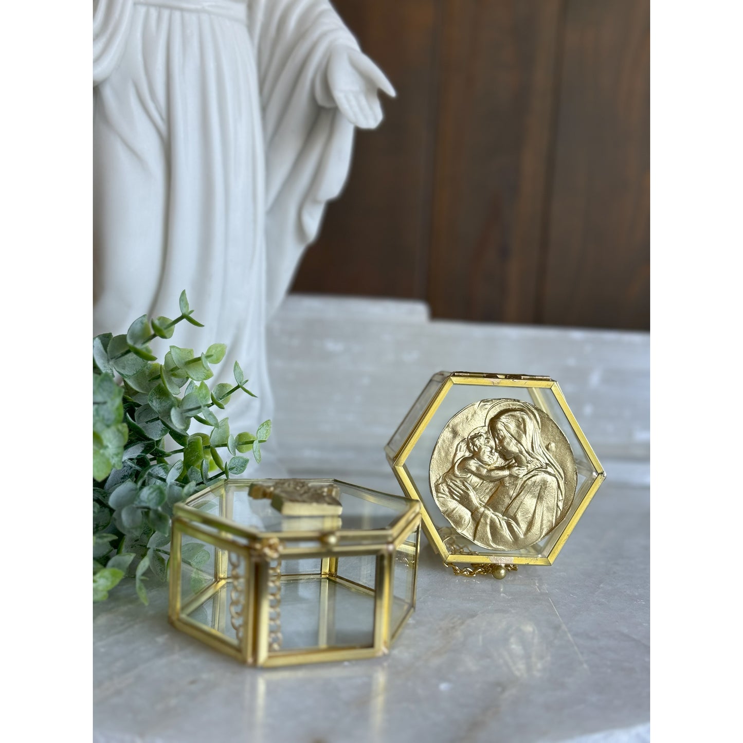 Gold Madonna & Child Glass Rosary Box