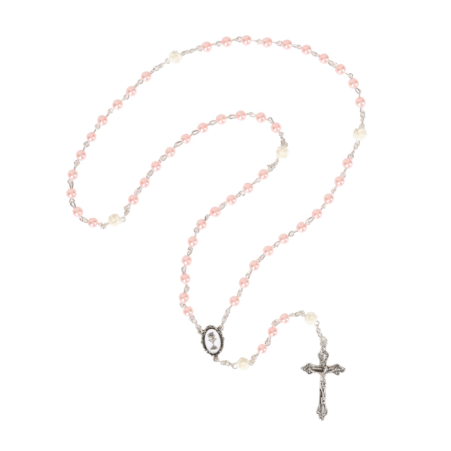 Pink Communion Rosary with White Roses