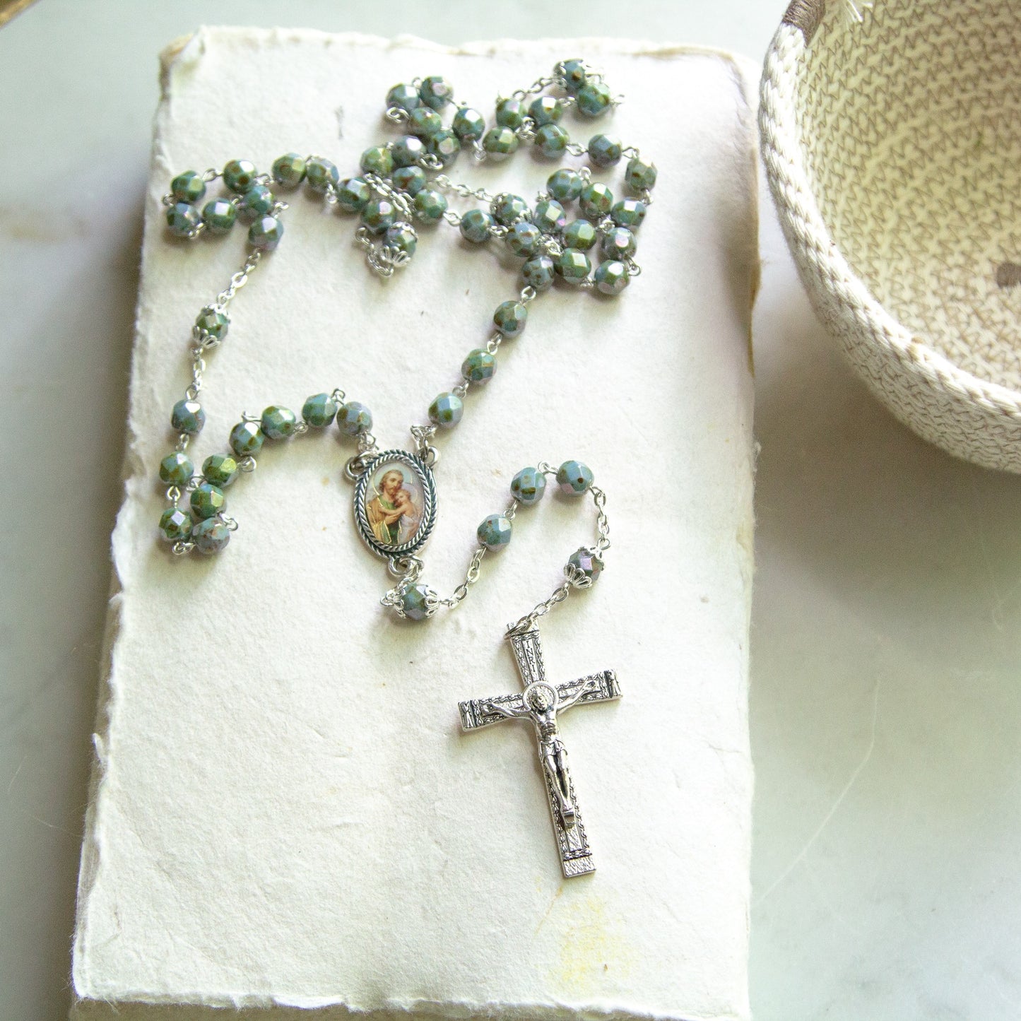 St. Joseph Teal Czech Glass Rosary