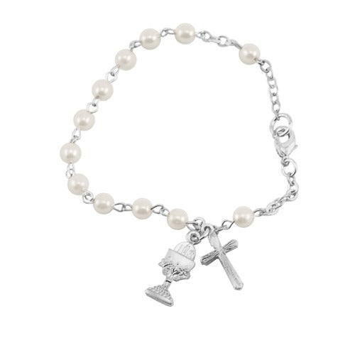 Pearl Bead Communion Rosary Bracelet - Sterling Silver