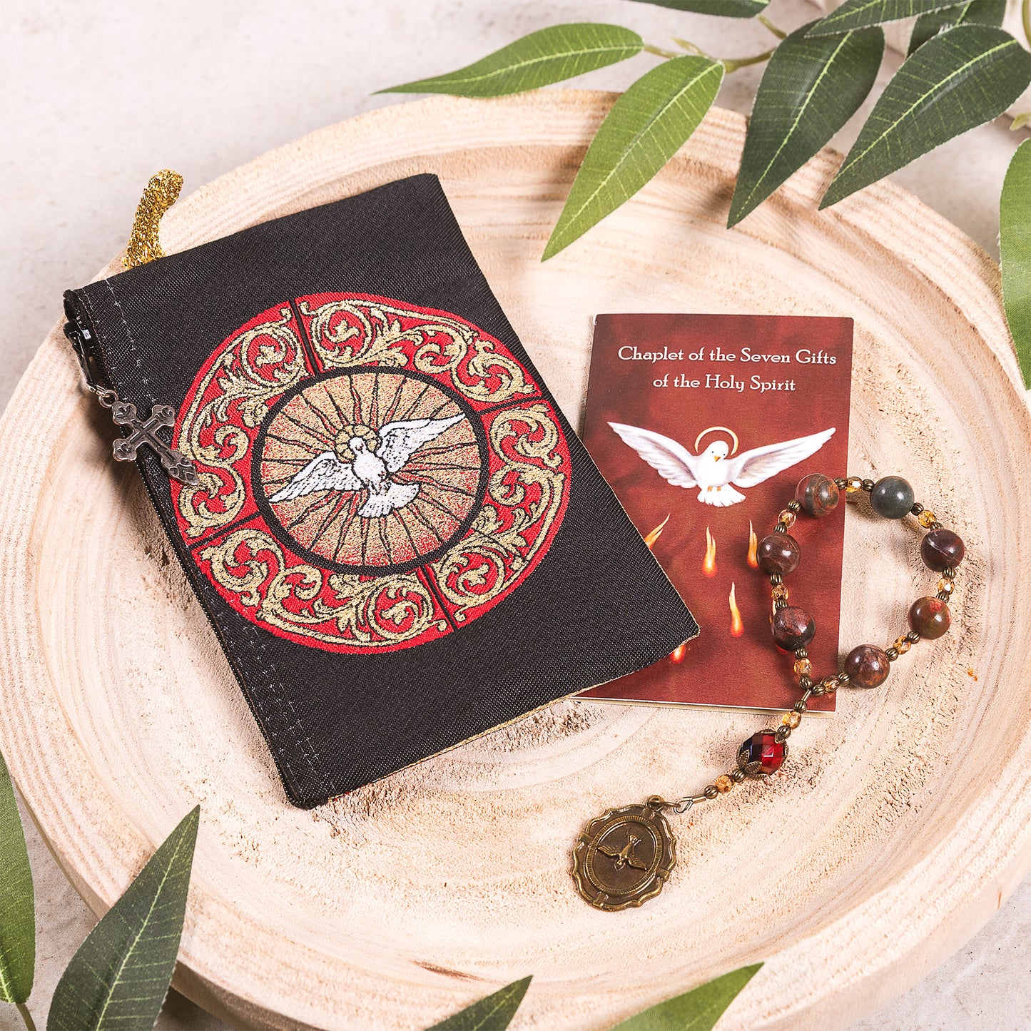 Seven Gifts of the Holy Spirit Gemstone Chaplet & Holy Spirit Glass Window Rosary Pouch Gift Set