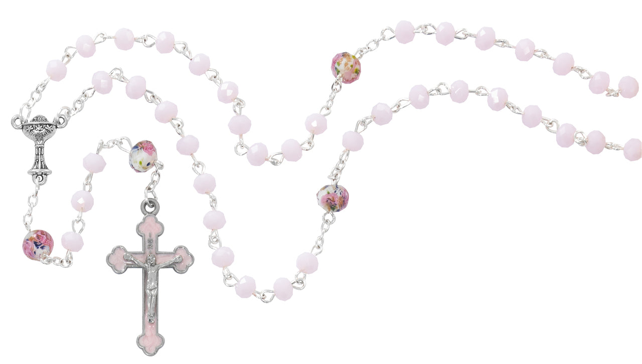 Pink Venetian Glass First Communion Rosary