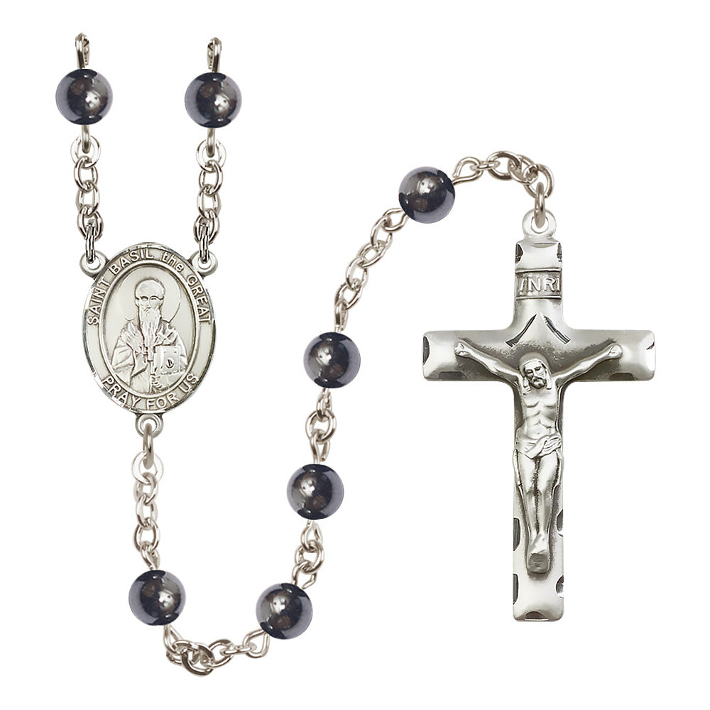Silver Plated St. St. Basil the Great Hematite Rosary