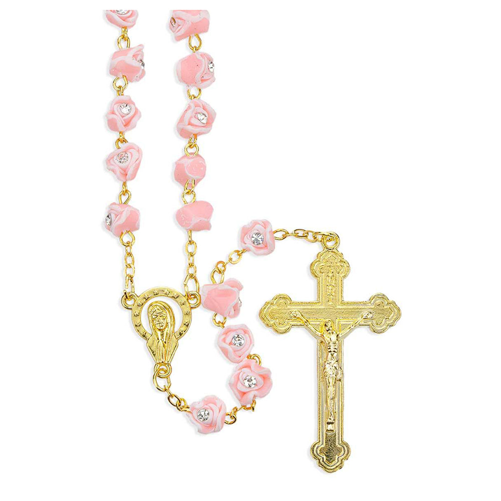 Pink Rosebud & Gold Marian Rosary
