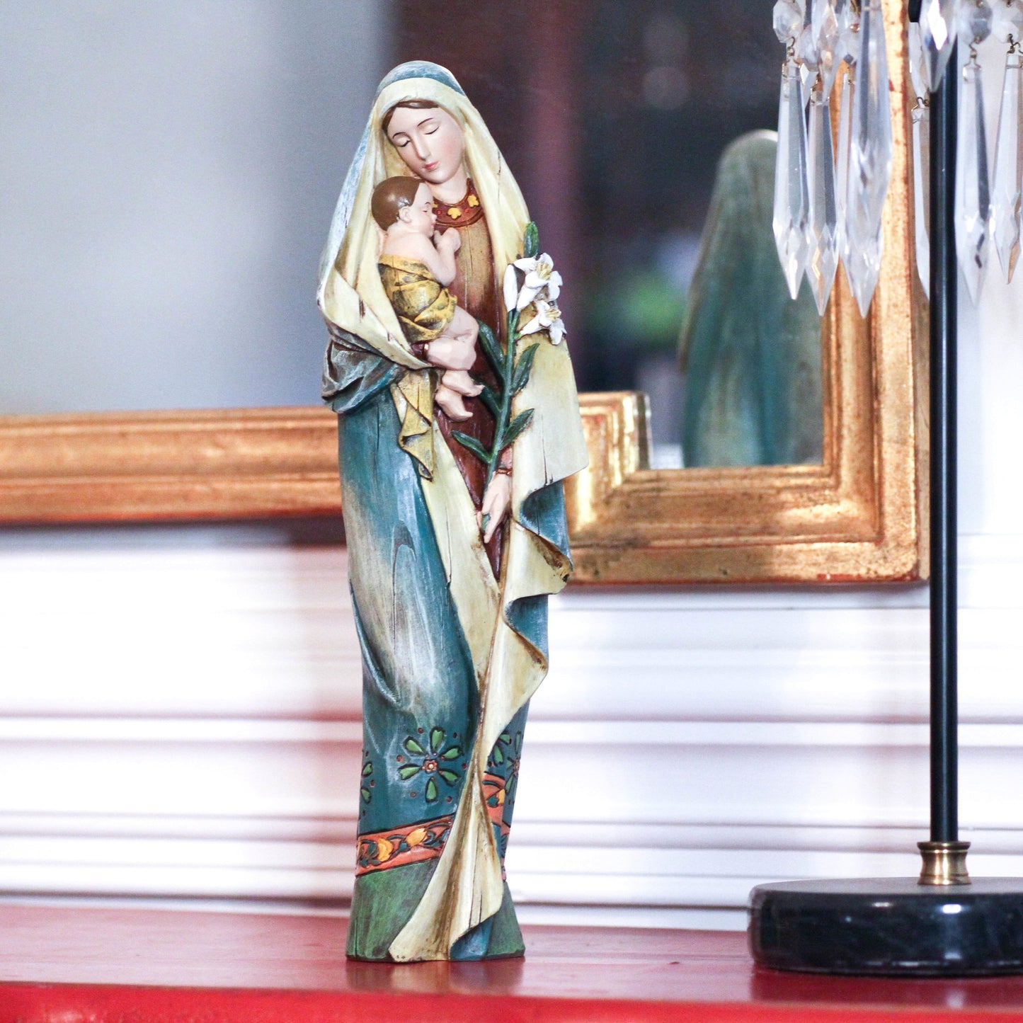 Madonna & Child w/ Lily Carved Statue
