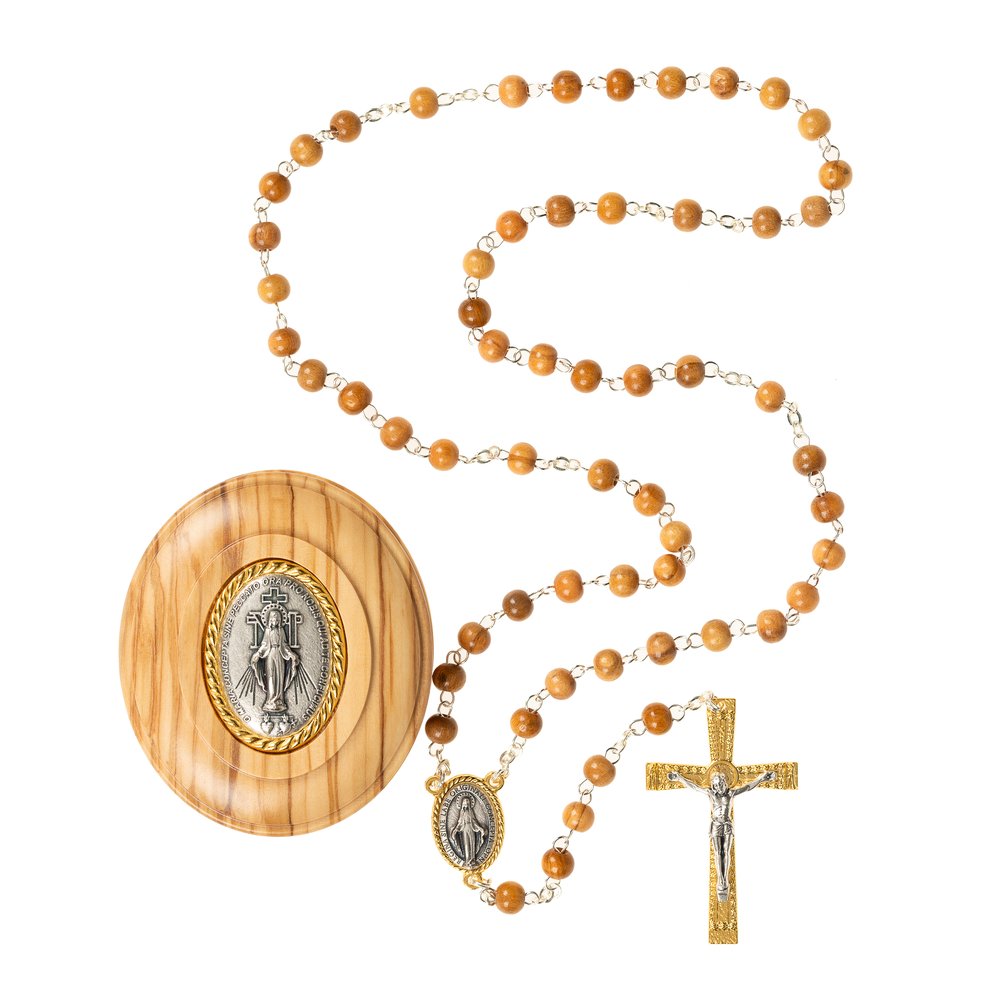 Olive Wood Miraculous Medal Rosary in Hand Carved Box