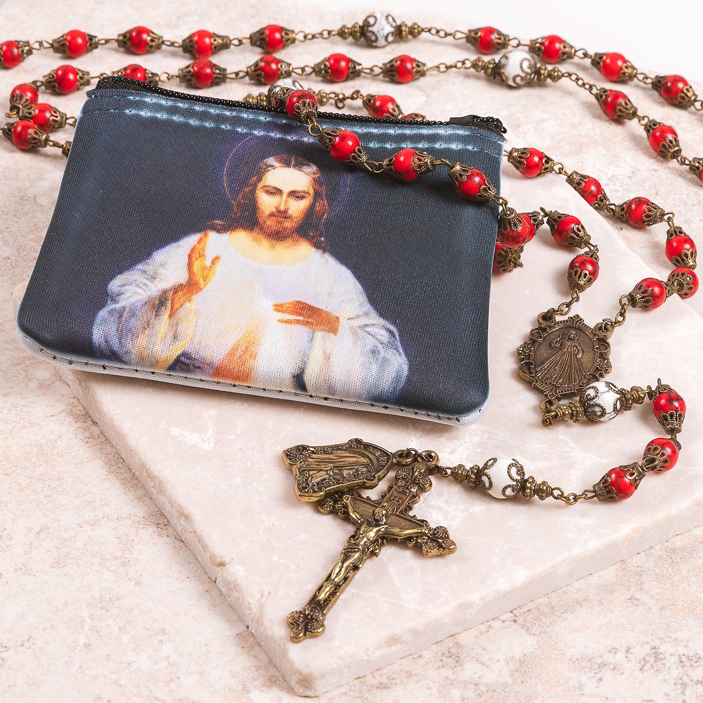 Divine Mercy Rosary Pouch & Vintage Rosary-Divine Mercy Gift Set