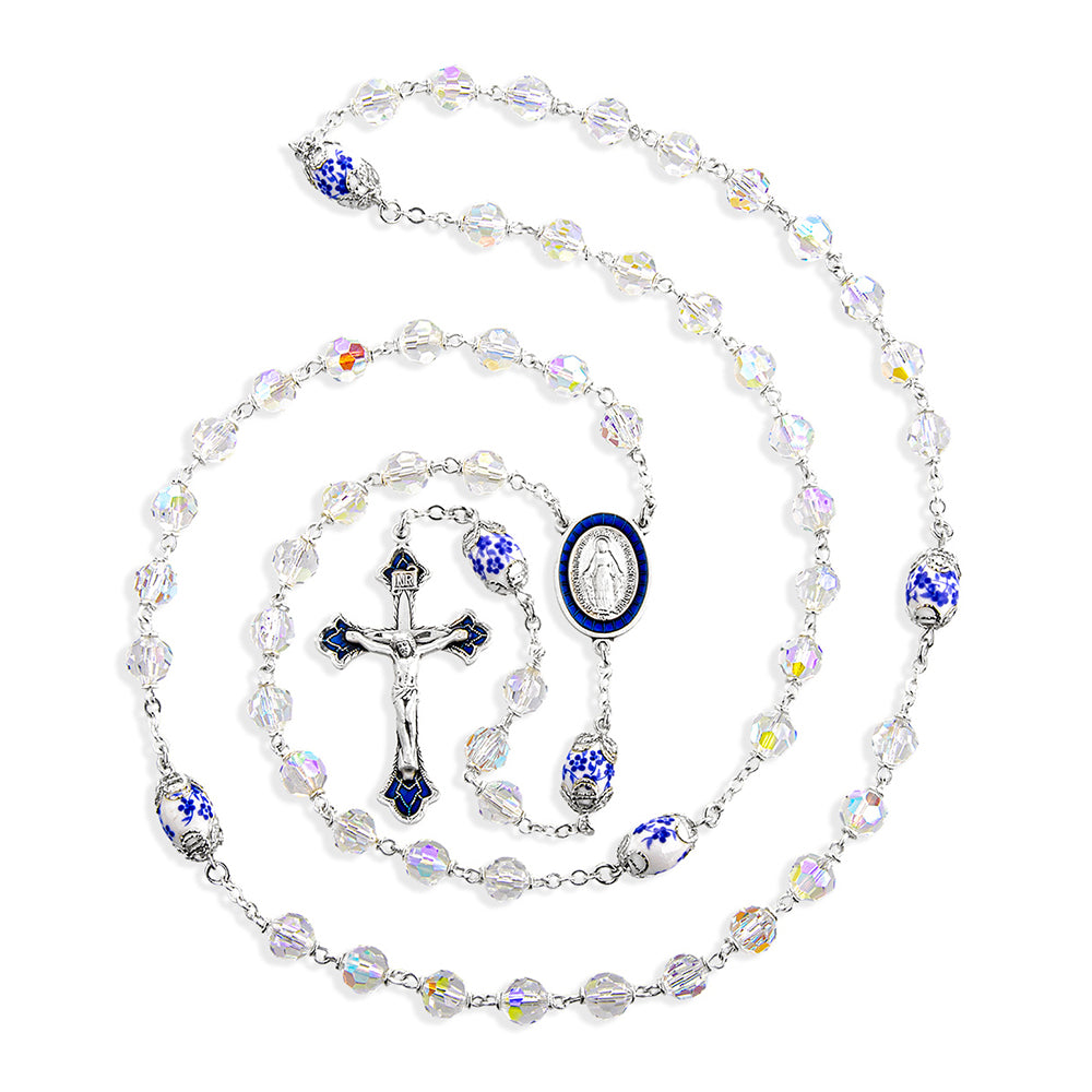 Sterling, Crystal, & Porcelain Blue Floral Rosary