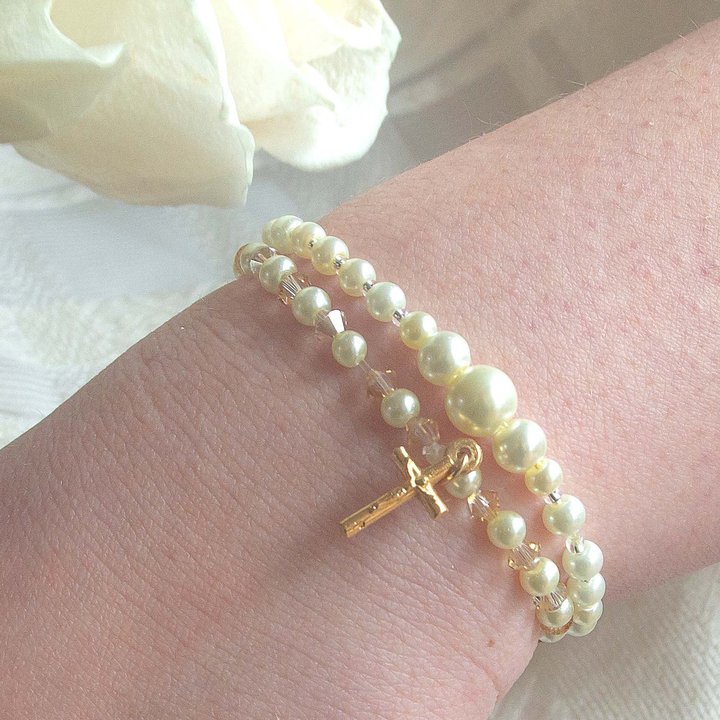 Pearl, Crystal & Gold First Communion Bracelet Set
