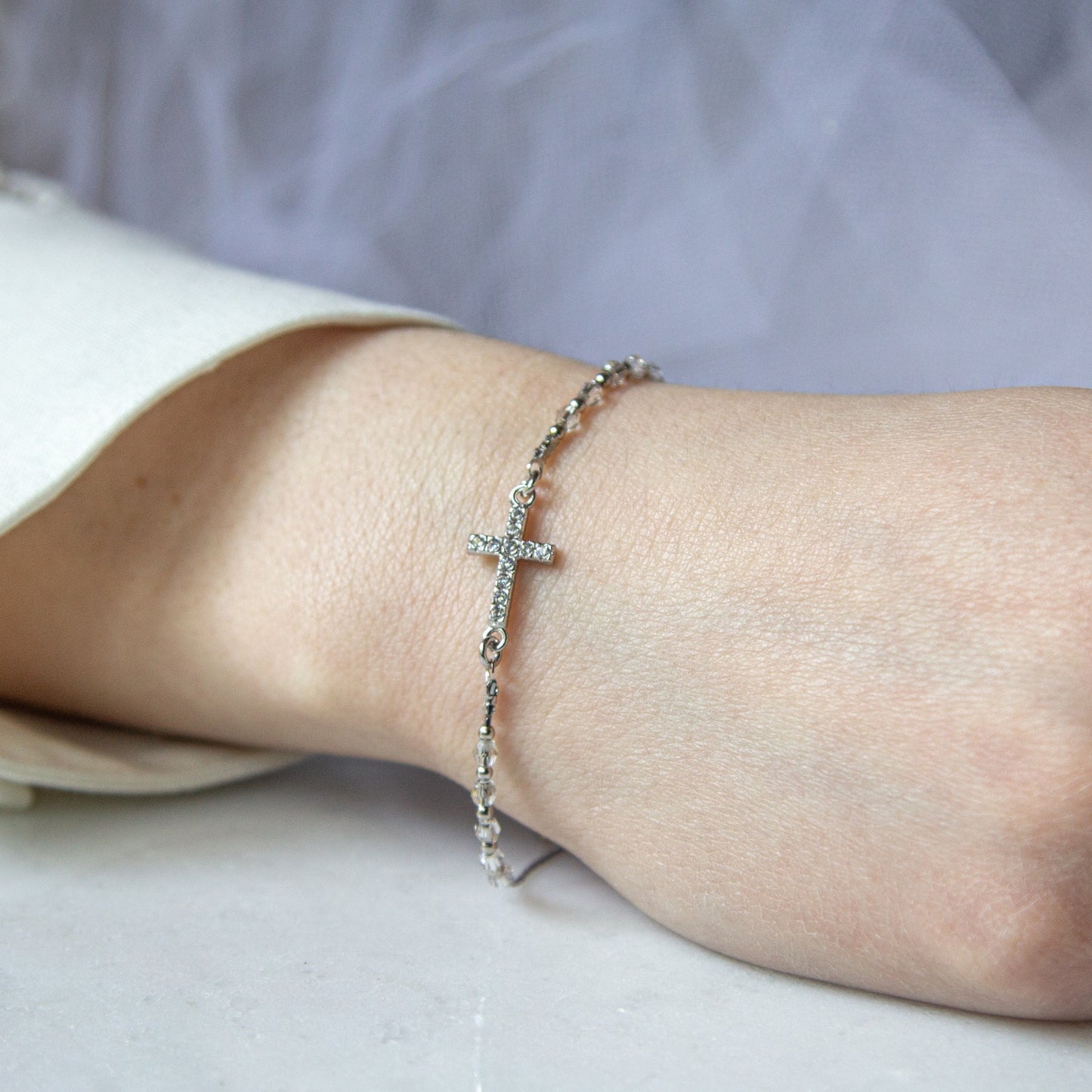 Swarovski Clear Crystal Rosary Bracelet with Crystal Cross