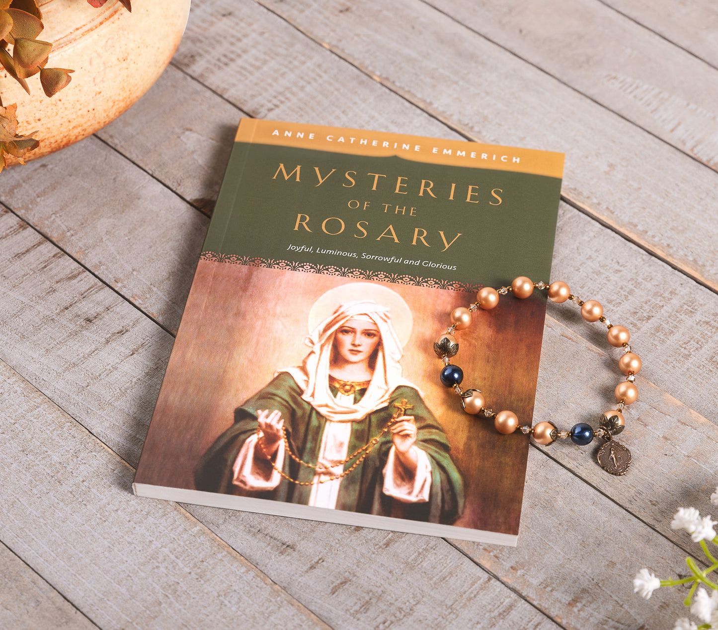 Golden Pearl Rosary Bracelet & Mysteries of the Rosary - Joyful, Luminous, Sorrowful and Glorious Mysteries Book (Gift Set)