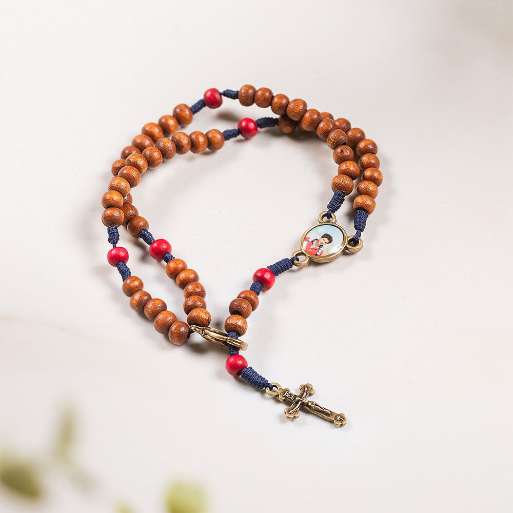 Wood & Blue Cord St. Carlo Acutis Five Decade Rosary Bracelet