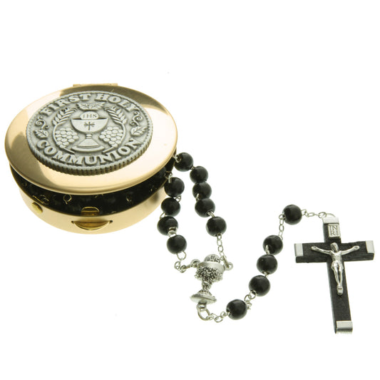 First Communion Black Rosary with Keepsake Box