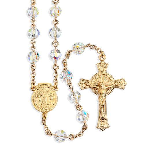 Immaculate Queen Gold/Sterling Aurora Borealis Crystal Rosary