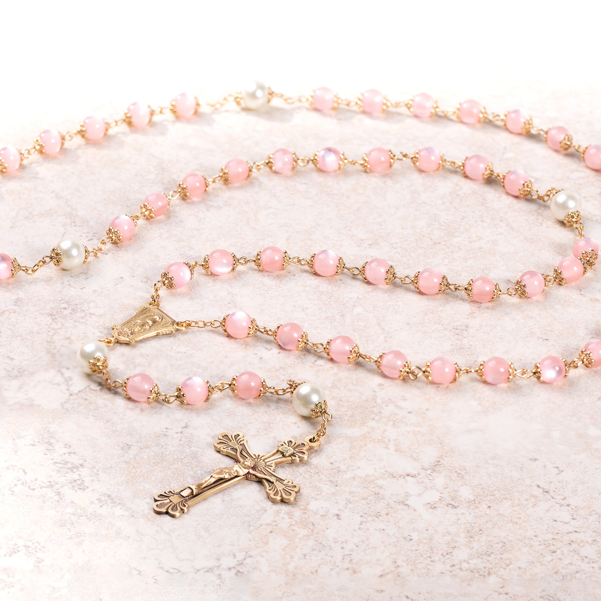 Rose Cats Eye & Pearl Miraculous Medal Rosary