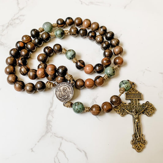 St. Joseph & Two Hearts Wood Bead Corded Rosary