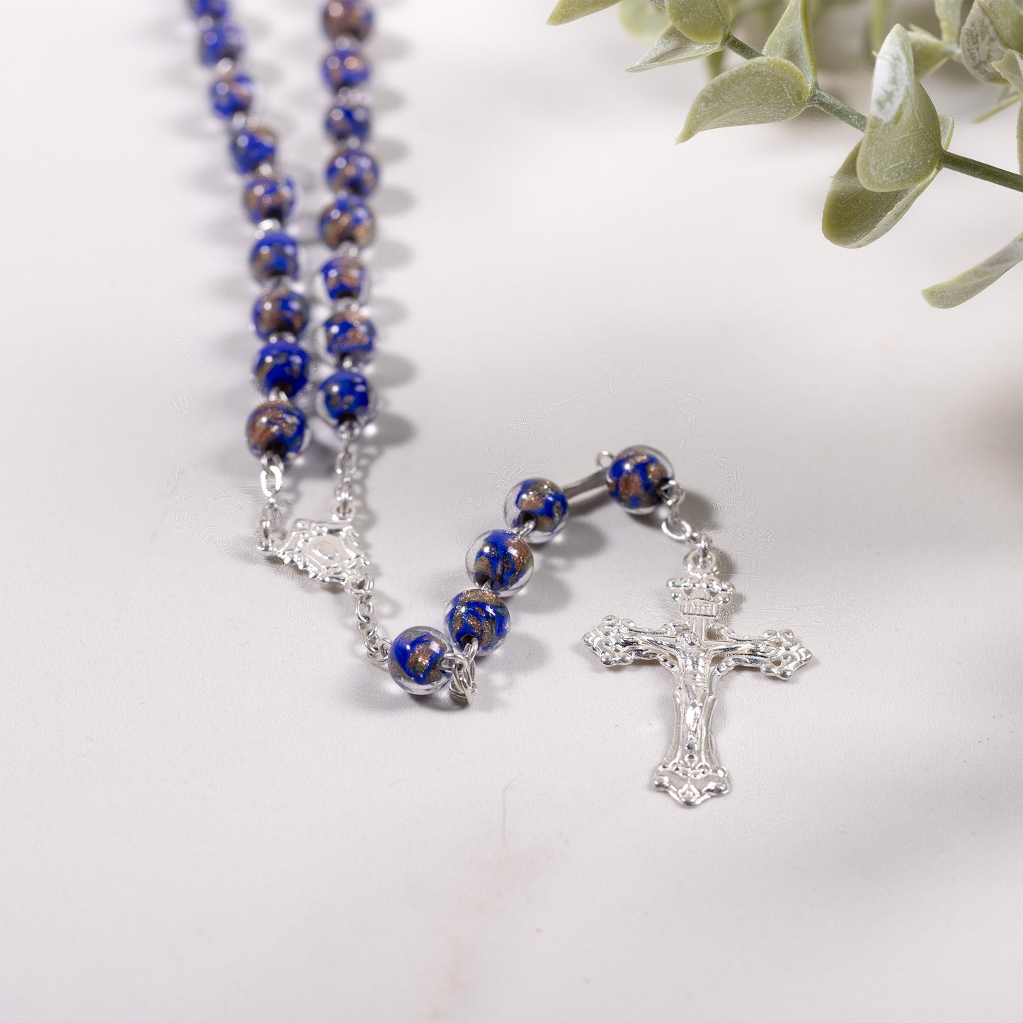 Italian Sterling Blue & Gold Glass Rosary