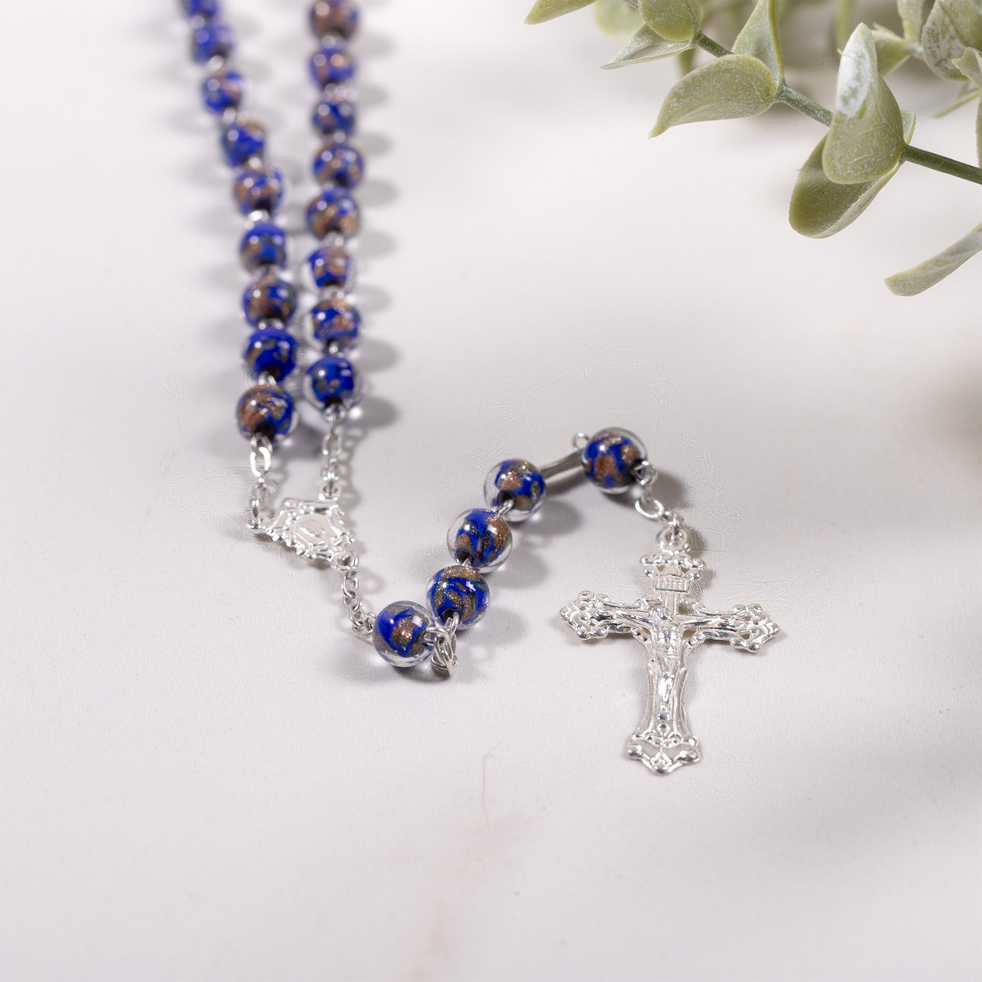 Italian Sterling Blue & Gold Glass Rosary