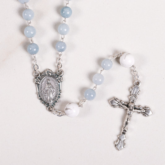 Blue Gray Angelite & Aulite Miraculous Medal Gemstone Rosary