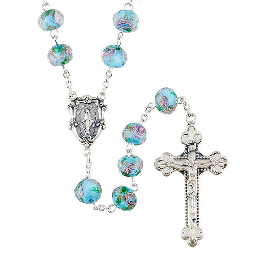 Hand Painted Glass Blue Floral Rosary