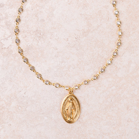 Gold & Crystal Miraculous Medal Necklace