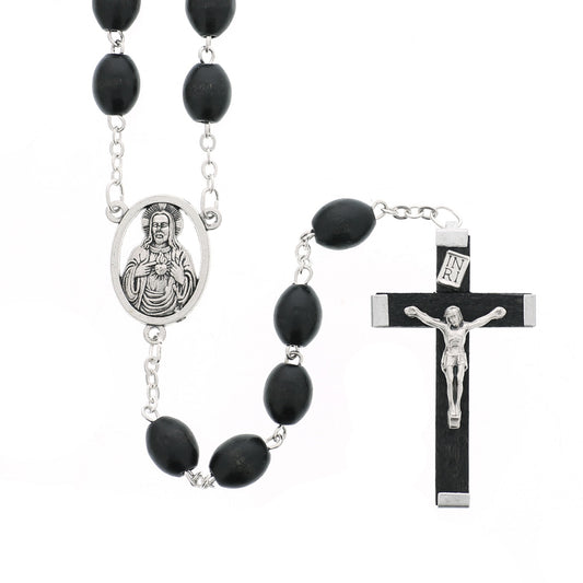 Sacred Heart Black Wood Rosary, 6x8MM