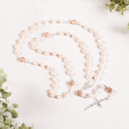 Italian Sterling Rose Pearl & Pavé Rosary